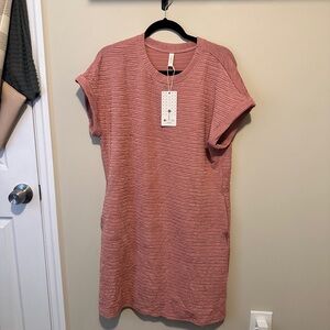 Pink Mini Dress with Cuffed Sleeves and Crew Neck